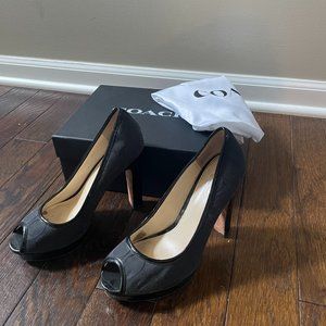 Coach Platform Peep Toe Open Signature Canvas Black 7.5 Black